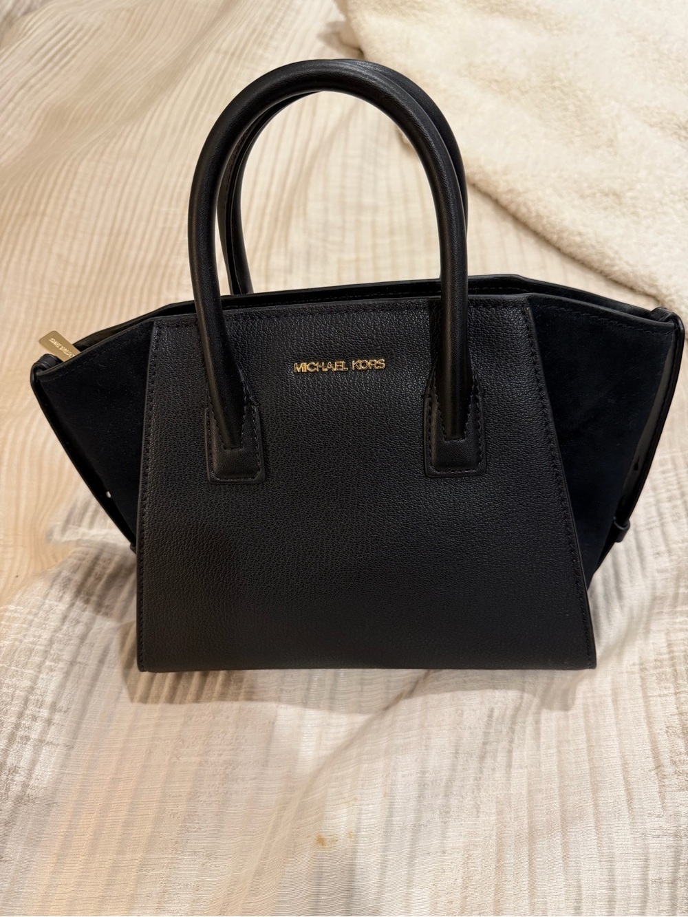 Michael Kors Black Leather and Suede Small Avril Satchel